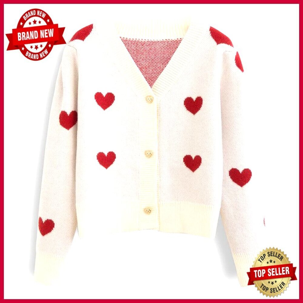 Cropped Knit Cardigan with Heart Pattern, V-Neck, Button Closure